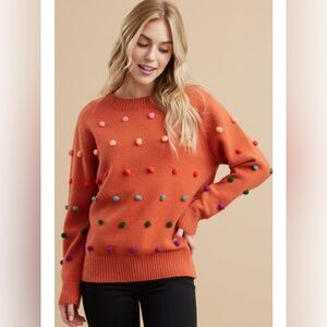 JODIFL Orange Sweater with Colorful Pom Poms
